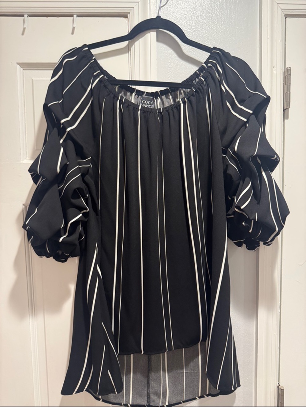 Coco Bianca Black and White Vertical-Stripe Off-Shoulder Puff Sleeve Top